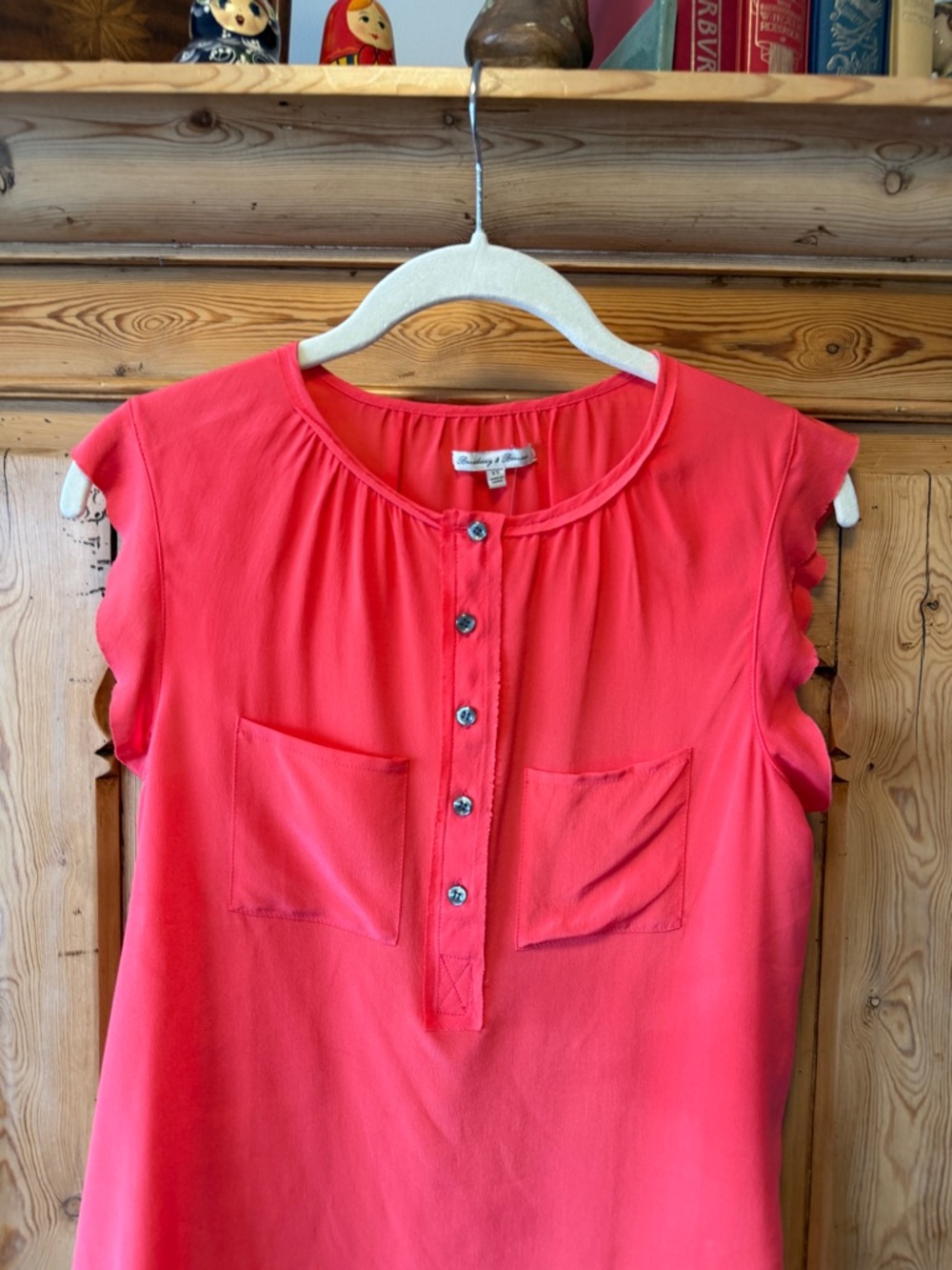Madewell Silk Broadway & Broome Coral-Red Women's Button Front Silk Henley Top - Picture 8 of 13
